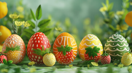 Fruit Frenzy: Easter eggs painted to look like different fruits, such as strawberries, lemons, and oranges, for a fruity feel.