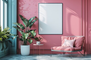 Mockup of a frame fitting ISO A paper size, featuring a living room wall poster against a modern interior backdrop with pastel tones, showcasing contemporary design.






