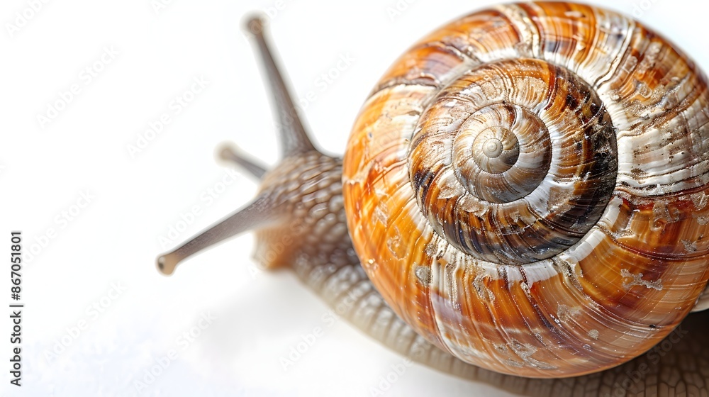 Poster intricate spiral snail shell macro on white background with copy space