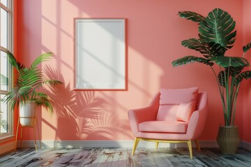 Fototapeta premium Mockup of a frame fitting ISO A paper size, featuring a living room wall poster against a modern interior backdrop with pastel tones, showcasing contemporary design.