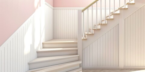 Minimalist white Scandinavian stairs with natural wood accents and soft pink walls for a cozy, modern look