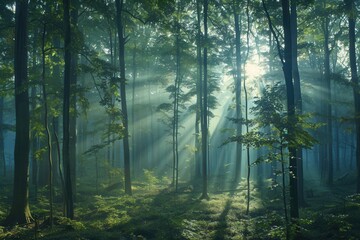 Obraz premium A serene and misty forest landscape at dawn, bathed in the golden light of the rising sun. Generative AI