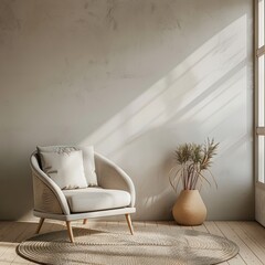 modern living room with armchair in front of empty wall