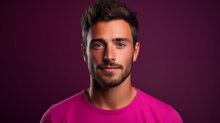Fototapeta premium A confident male model customer, his friendly smile and approachable gaze captured in a headshot portrait against a solid magenta background