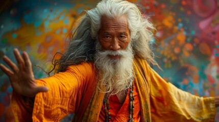 Fototapeta premium Elderly Man with Long White Hair and Orange Robes in a Colorful Background - Generative AI