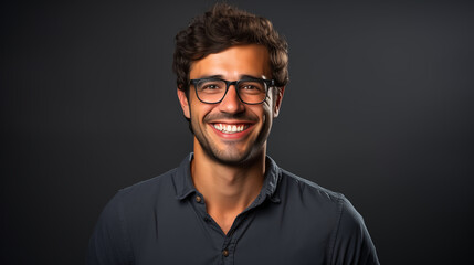 Obraz premium A millennial man in glasses, his cheerful demeanor captured in a professional headshot portrait against a solid slate gray background, exuding warmth and charm