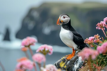 A colorful puffin perched on a rocky cliff, showcasing its vibrant feathers and curious nature.






