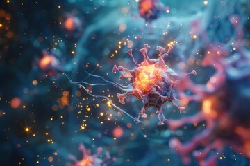 Close-up view of viral particles attaching to and penetrating cells.