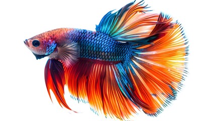 Fototapeta premium Vibrant and Captivating Betta Fish with Flowing Fins and Intricate Patterns Swimming Gracefully on White Background