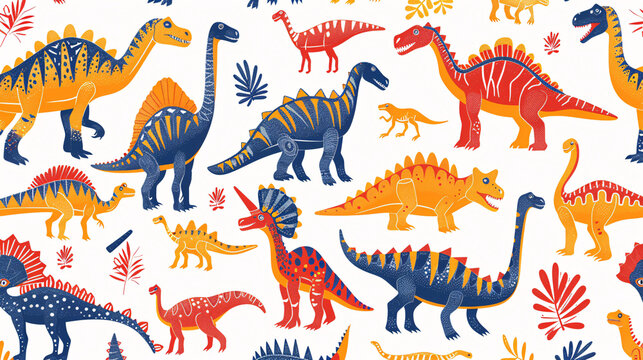 Fototapeta Abstract and colorful illustration of dinosaurs and their bones, creating a vibrant pattern on a white background