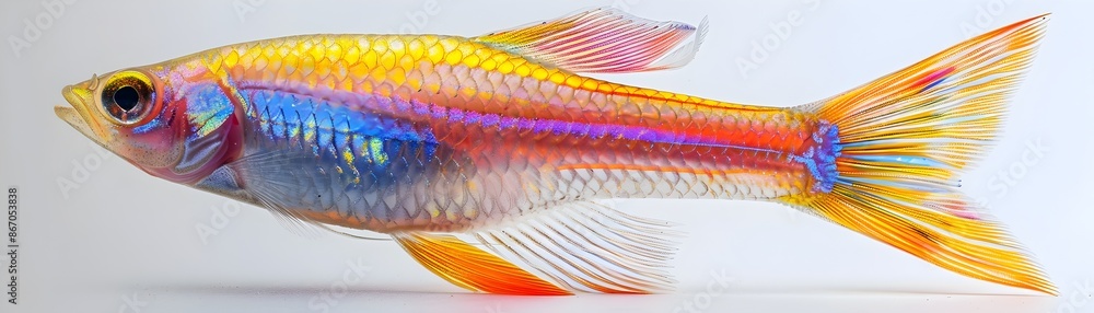 Poster stunning iridescent threadfin rainbowfish with vibrant patterns displayed on white background