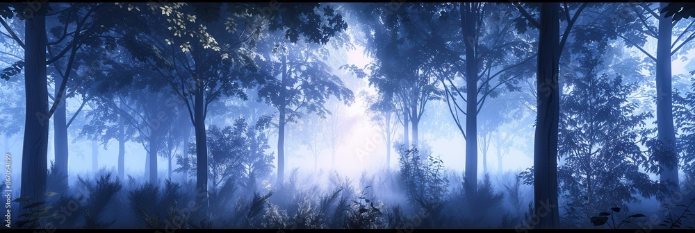 Poster a serene forest landscape at dawn, with trees bathed in the soft, golden light of the rising sun. a 