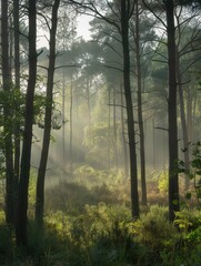 Obraz premium A serene forest landscape at dawn, with sunbeams illuminating the trees through a light mist. Generative AI