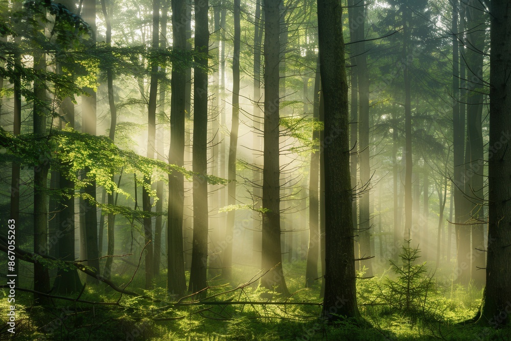 Aufkleber A mesmerizing sunrise casts ethereal light through the trees of a dense forest, creating a tranquil scene ideal for nature conservation projects. Generative AI