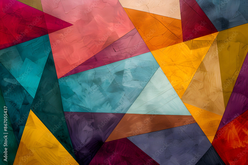 Poster abstract geometric artwork with vibrant multicolored triangular shapes in shades of red, yellow, blu