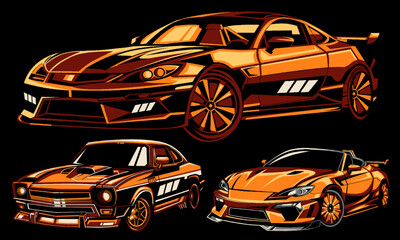 Naklejka premium Bold Orange Car Trio Illustration, This image presents three striking cars, each rendered in bold shades of orange and designed to captivate