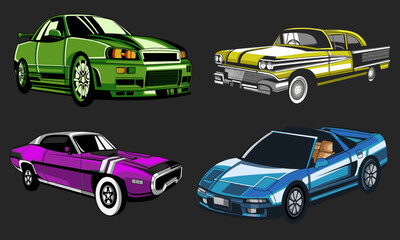 Four Iconic Cars Illustrated This image showcases four distinct and stylish