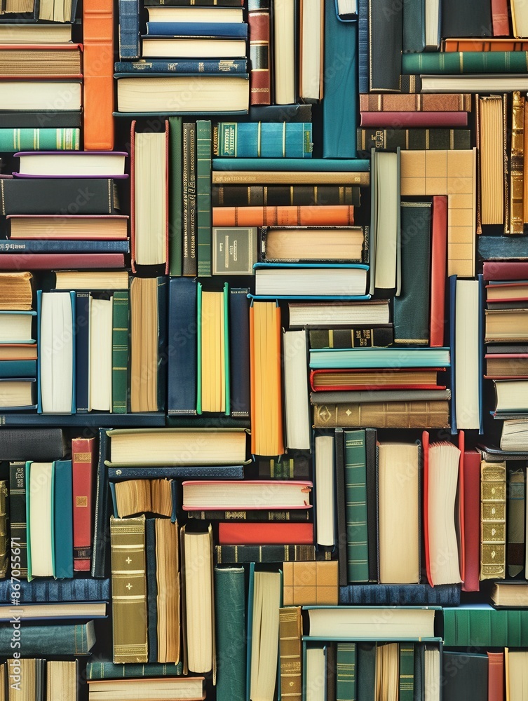 Poster an abstract arrangement of colorful textbooks and e-books on tablet displays, symbolizing the modern