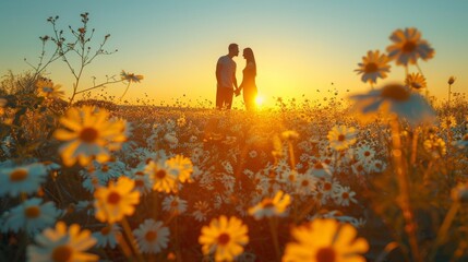 Romantic Couple in Daisy Field at Sunset - Generative AI