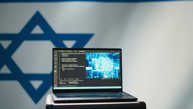 AI software on laptop used by state of Israel security services to prevent terrorism attacks. Artificial intelligence tech used by Mossad agency to defend borders, isolated over Israeli flag, camera B