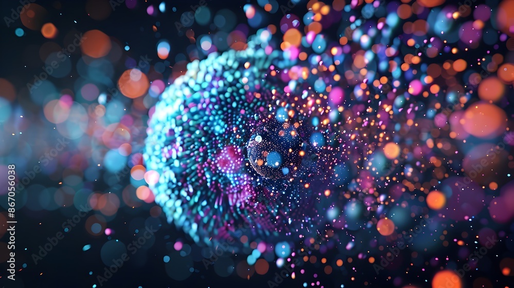 Poster captivating cosmic explosion of shimmering particles engulfs the viewer in a mesmerizing