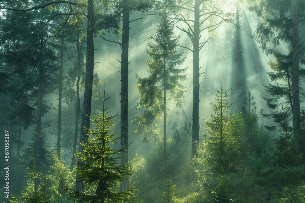 Poster A serene forest landscape bathed in the soft glow of dawn. Sunbeams pierce through the mist, illuminating the towering trees and creating a magical atmosphere. Generative AI