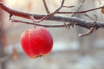 A single apple hanging from a bare branch