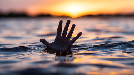 Hand reaching out of water symbolizing struggle and survival. World Drowning Prevention Day