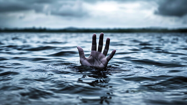 Hand reaching out of water symbolizing struggle and survival. World Drowning Prevention Day