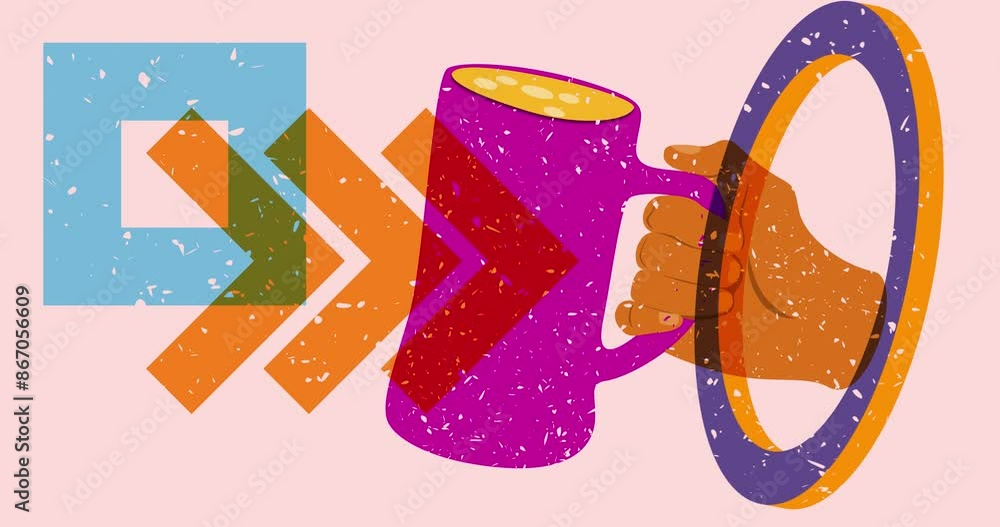 Poster risograph beer in hand with geometric shapes animation. moving object in trendy riso graph design vi