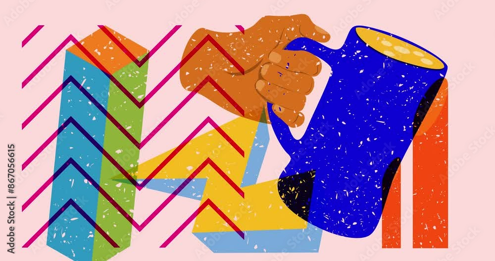 Poster risograph beer in hand with geometric shapes animation. moving object in trendy riso graph design vi
