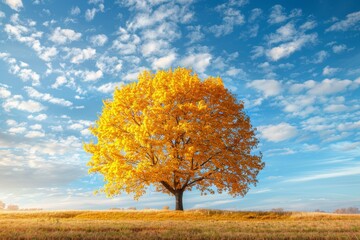 A breathtaking solitary tree with golden leaves, set against a dramatic autumn sky in a serene landscape.
