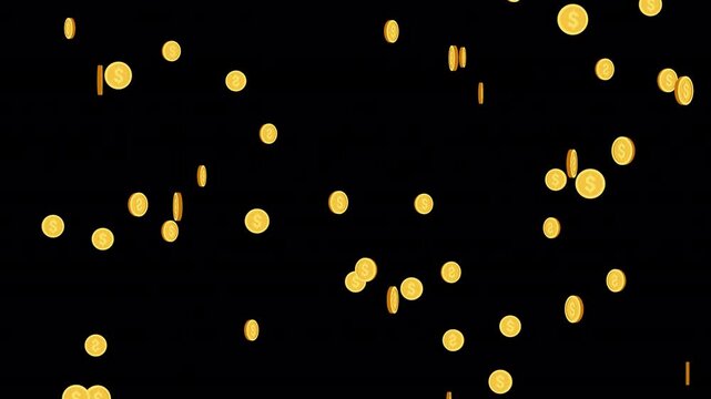 Raining gold dollar coins. Gold coins with dollar symbol falling down with alpha channel. Animation of Wealth, Profit, and Financial Success.