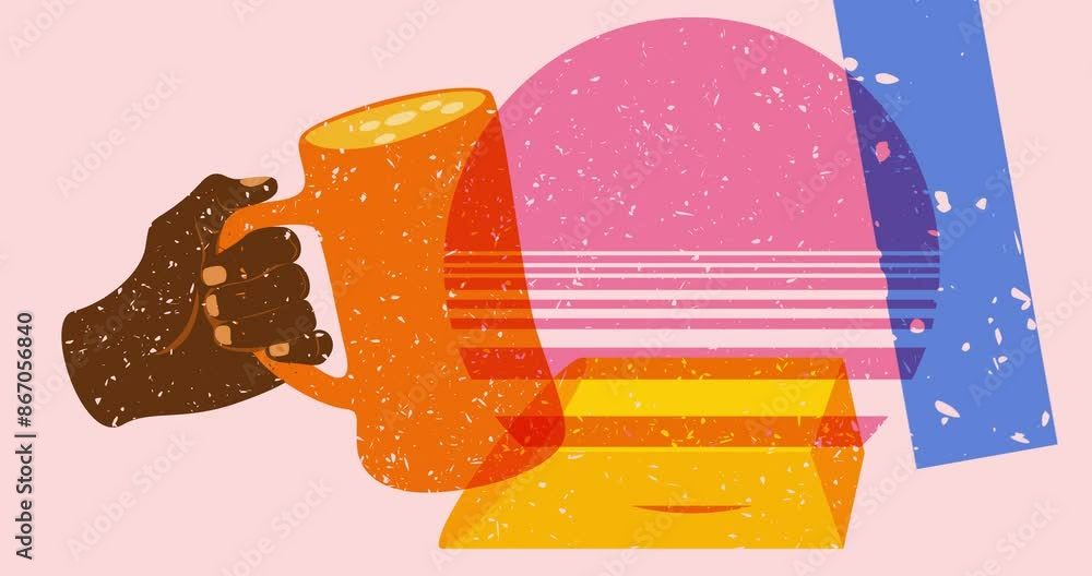 Aufkleber risograph beer in hand with geometric shapes animation. moving object in trendy riso graph design vi