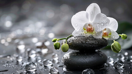 Spa stones with a white orchid flower. Zen like spa treatment setting with water droplets.