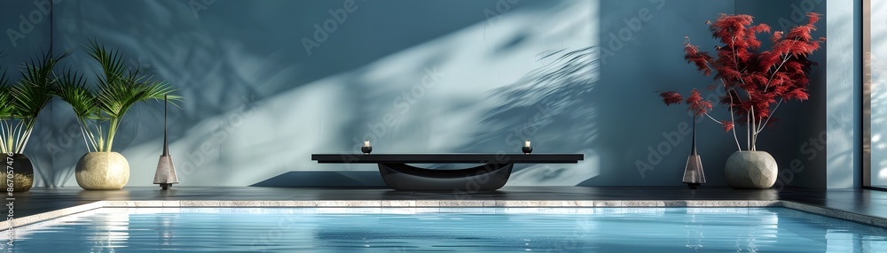 Poster stylish black table by minimalist pool for product display with serene water backdrop