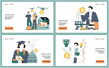 Government subsidy web or landing set. Diverse sectors including agriculture
