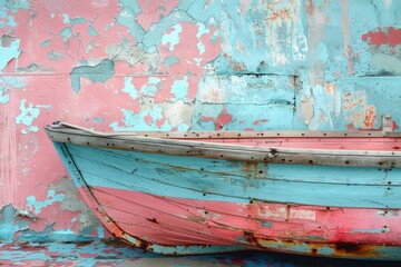 A retro pink and blue boat positioned in front of a weathered, peeling paint wall, capturing the essence of summer.