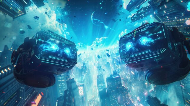 Two VR headsets float above a vibrant, digital city, showcasing the immersive potential of virtual reality technology. Generative AI