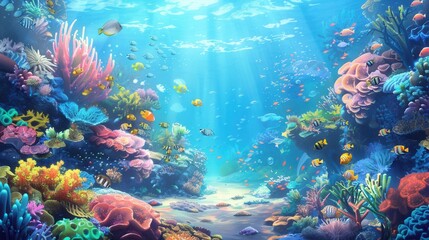 Naklejka premium A captivating underwater scene featuring a thriving coral reef teeming with colorful fish and marine life. Generative AI