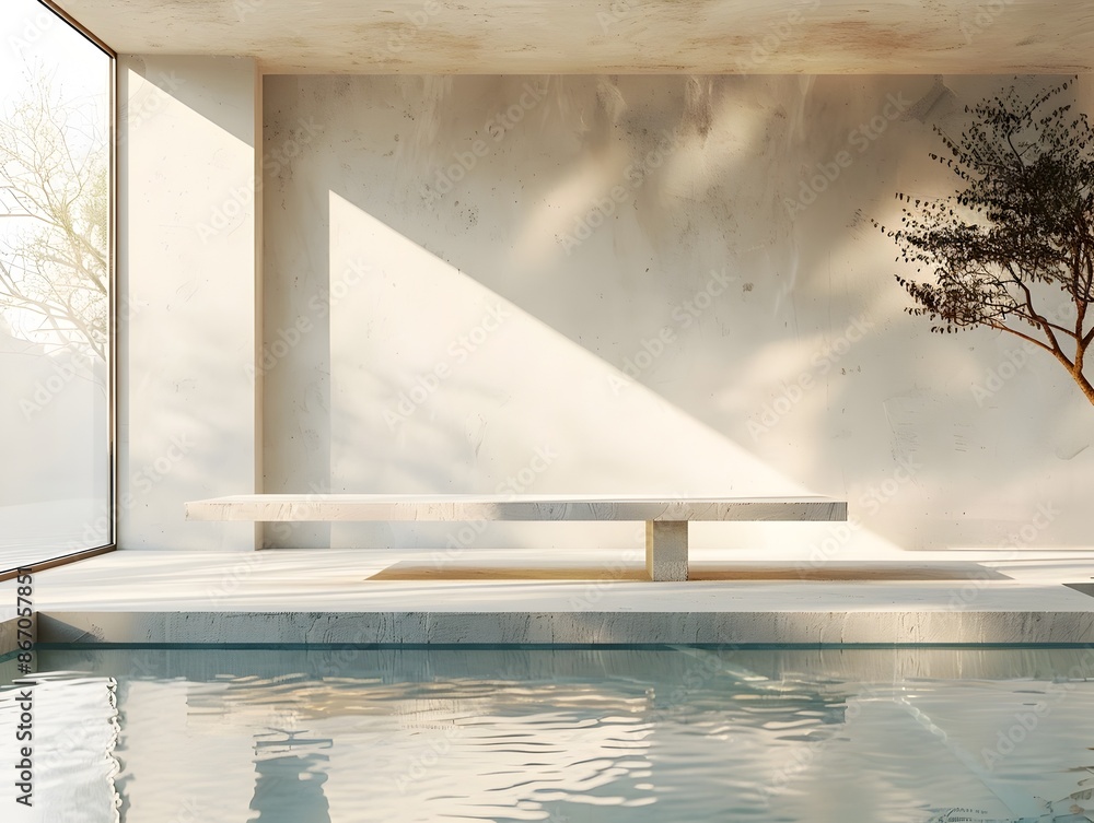 Poster elegant concrete table by minimalist pool with calm water ready for stylish product display