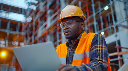 Construction Professionals Reviewing Project Details on Laptop at Busy Worksite