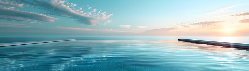 Obraz premium Luxury Minimalist Glass Table by Tranquil Infinity Pool with Seamless Horizon