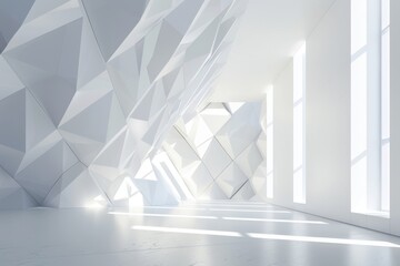 Obraz premium Abstract white interior with geometric wall design. Modern futuristic architecture background with bright natural light