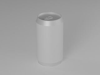 A plain chrome and white beverage can in the middle against a gray background.