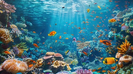 An underwater photograph showcasing a lively coral reef ecosystem teeming with colorful fish and marine life. Generative AI