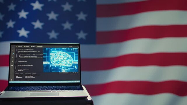 AI software on laptop used by American domestic security services to prevent terrorism. Artificial intelligence technology enhancing Patriot Act surveillance procedures against USA enemies, camera B