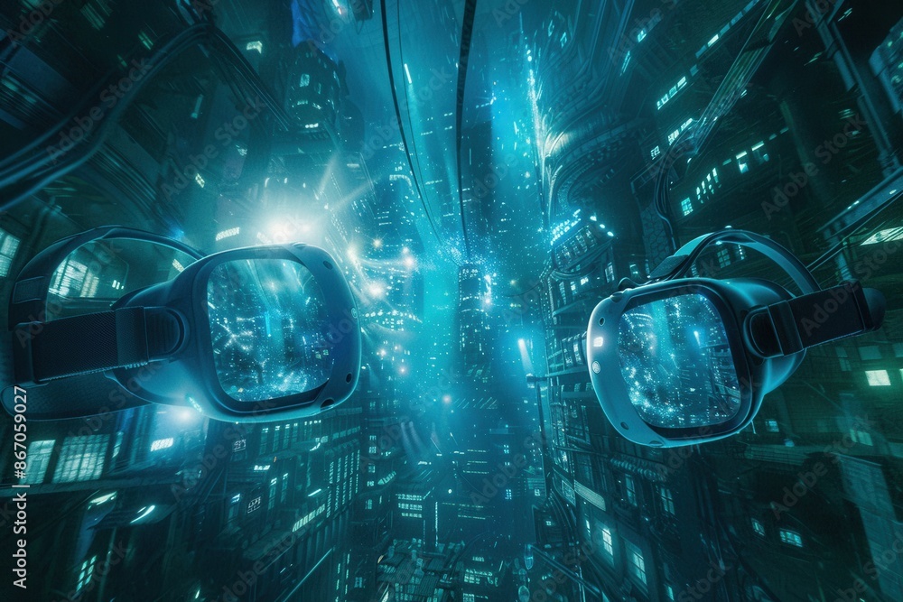 Poster an exciting image demonstrates the possibilities of vr and ar technology with headsets and glasses i