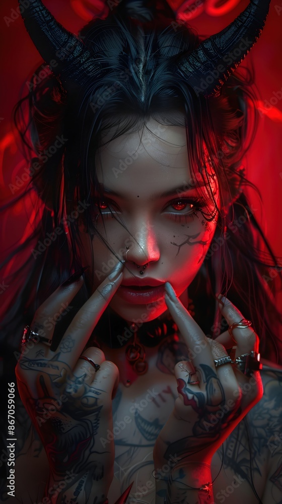 Canvas Prints anime-inspired portrait of a tattooed female character with devil horns