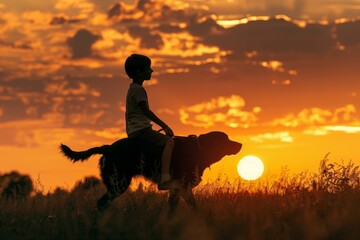 Silhouette of a boy riding his dog in a field at sunset, enjoying their time together